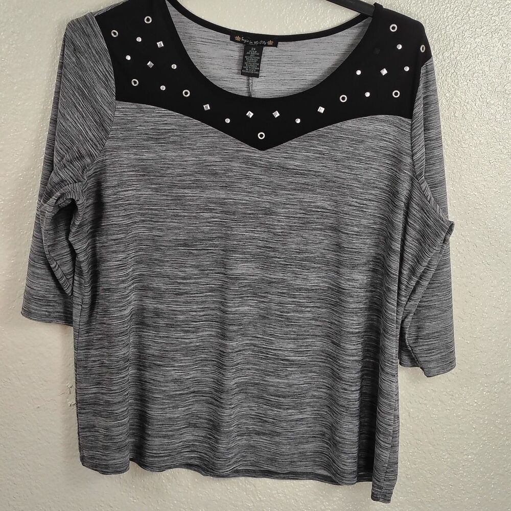 Suzie in the City Womens 2X Top Gray Space Dye Studded Embellished 3/4 Sleeve - Picture 2 of 7